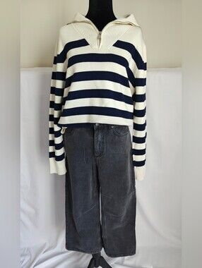 Striped Half‑Zip Mock Neck Sweater - Navy & Cream